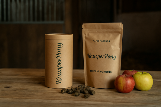 Nachhaltig snacken: Leckerli-Dose & ReFill-Verpackung aus Papier mit gesunden Pferdesnacks