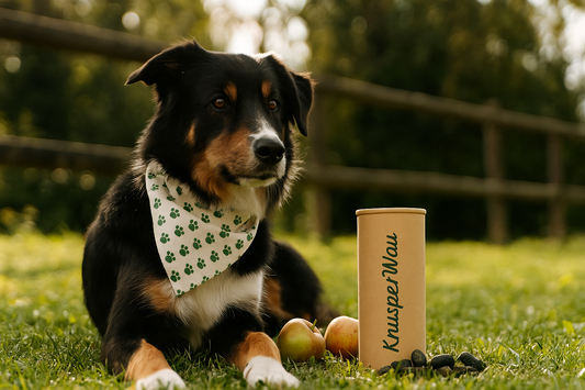 Hund mit vegetarischen Leckerlis von KnusperWau – plastikfreie Verpackung und natürliche Zutaten“
