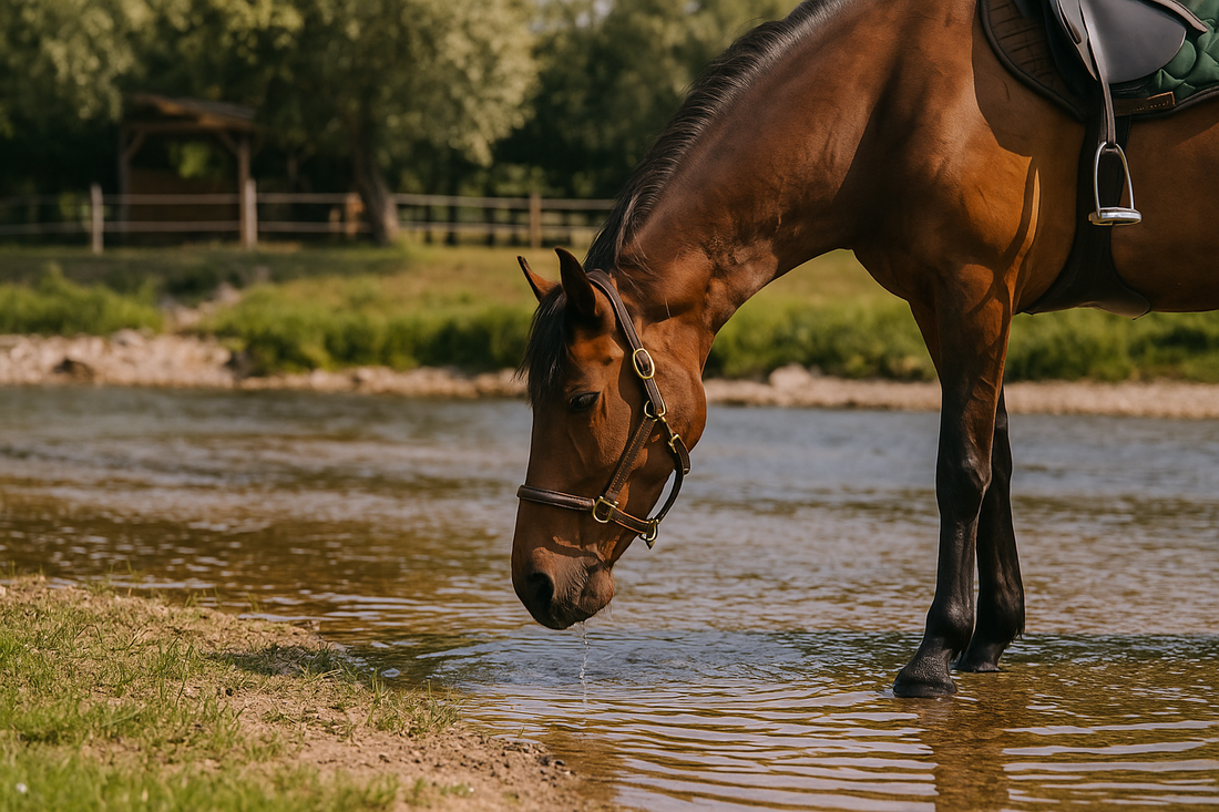 Pferd im Sommer auf der Weide – natürliche Pferdeleckerlis bei Hitze