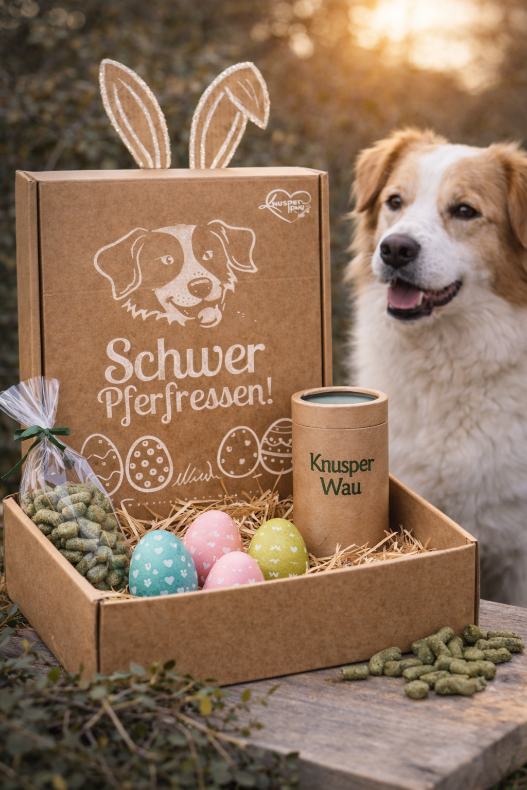 Hund mit Osterbox und natürlichen Hundeleckerlis von KnusperWau